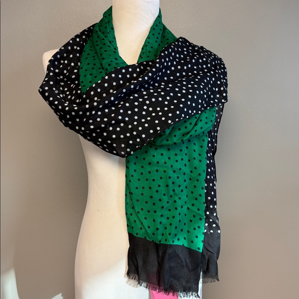 Kate Spade Polka Dot Scarf Green Black Viscose NWT 75x24 - Picture 2 of 4